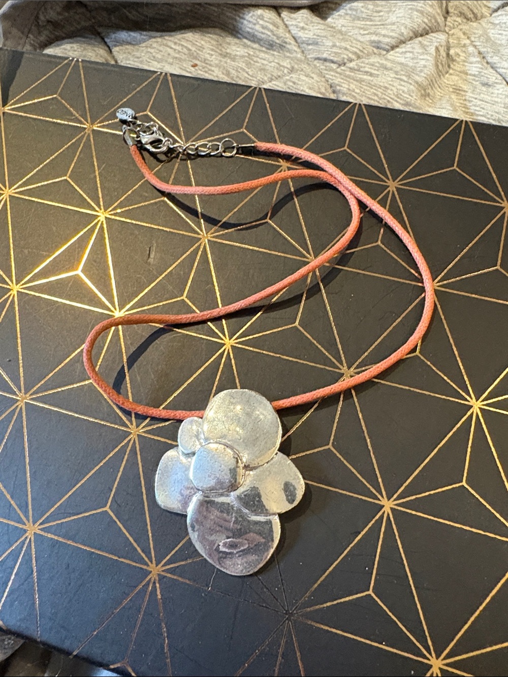 Silver Floral Pendant Necklace on Pink Cord